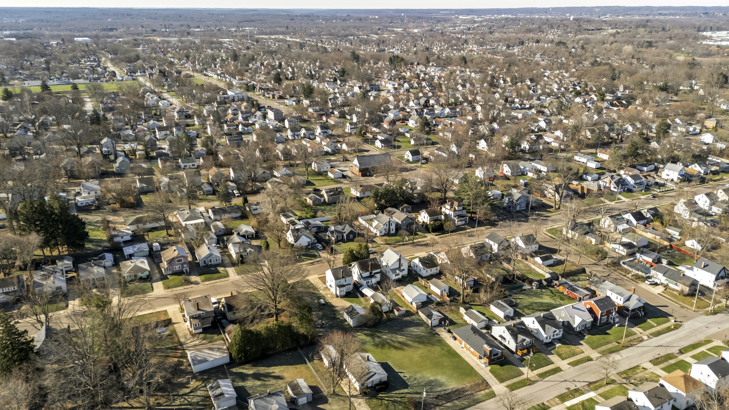 Aerial view of Prairie Crossing's tree-lined residential neighborhoods.